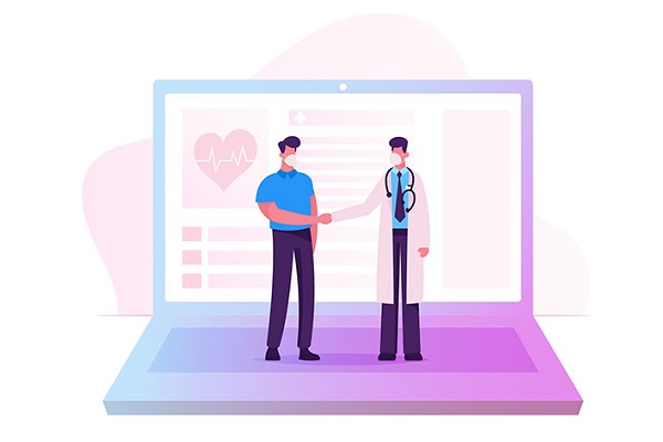 An illustration of a man and a doctor speaking on a laptop keyboard 
