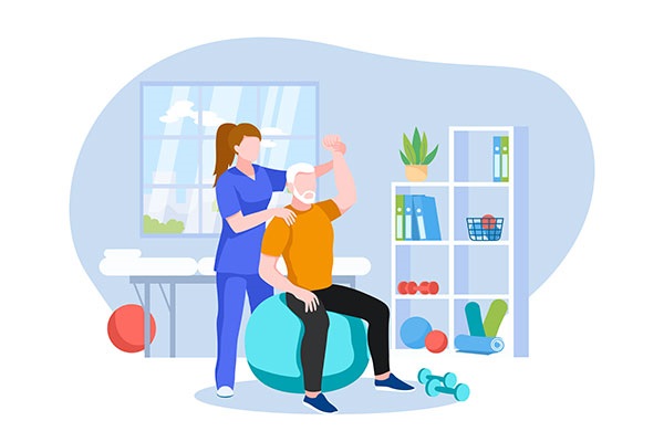 A nurse helping an older man exercise